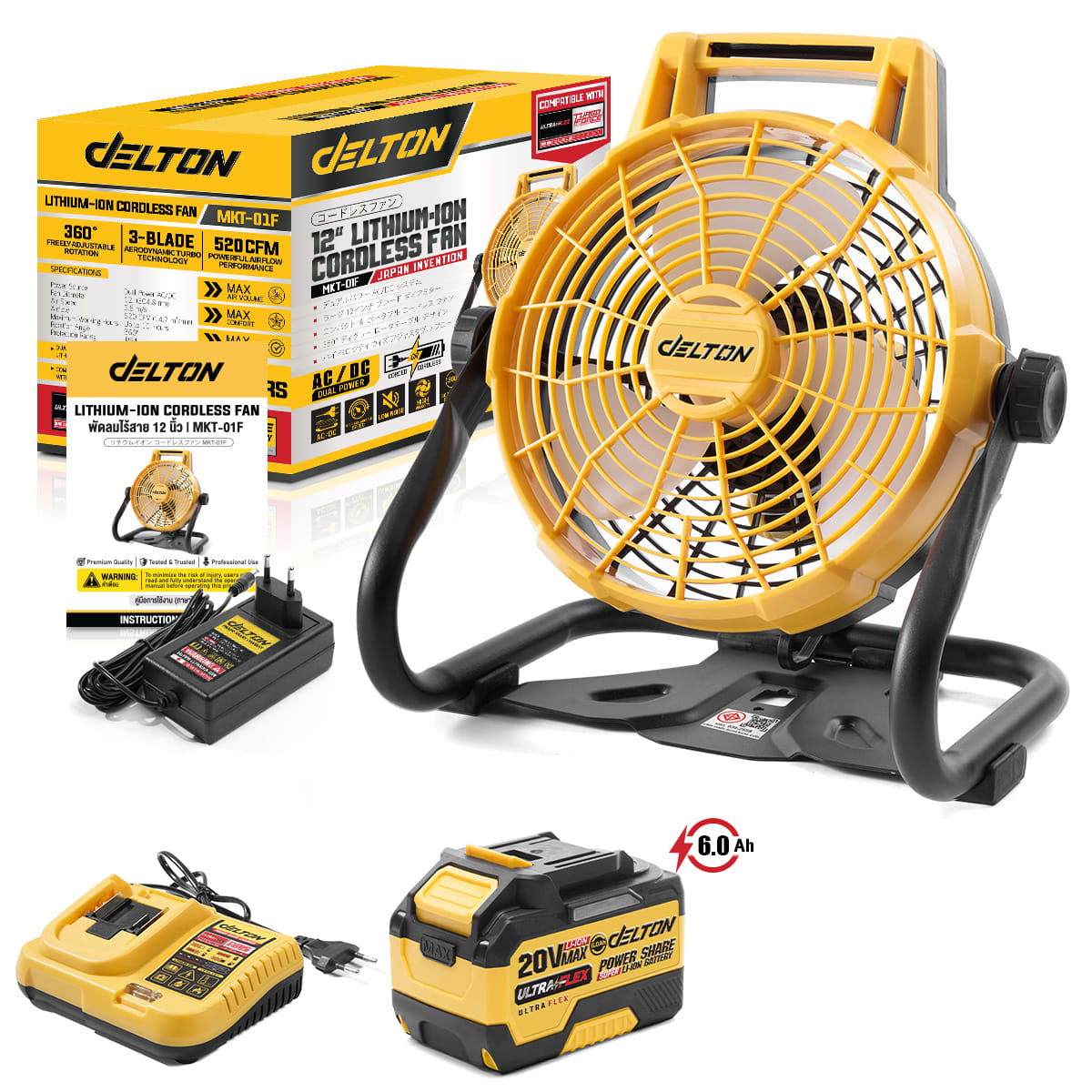 พัดลมไร้สาย 12 นิ้ว (พร้อมแบตเตอรี่) DELTON รุ่น MKT-01F ULTRAFLEX 20V 6AH_1